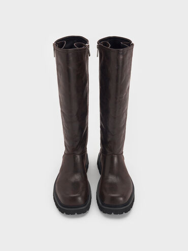 Rosamond Side-Zip Ridged-Sole Knee-High Boots, Dark Brown Textured, hi-res