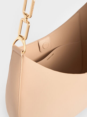 Agatha Chain-Accent Slouchy Hobo Bag, Beige, hi-res