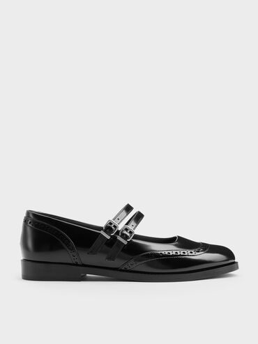 Double-Strap Brogue Mary Janes, Black Box, hi-res