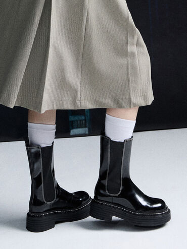 Stitch-Trim Platform Mid-Calf Chelsea Boots, Black Box, hi-res