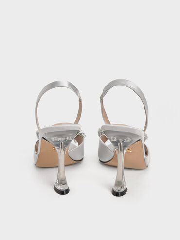 Recycled Polyester Beaded Bow Slingback Pumps, Silver, hi-res