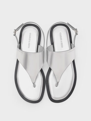 Metallic V-Strap Slingback Thong Sandals, Silver, hi-res