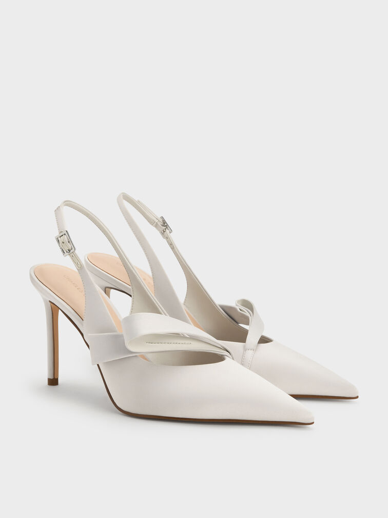 Satin Pleated-Strap Slingback Pumps, Light Grey, hi-res
