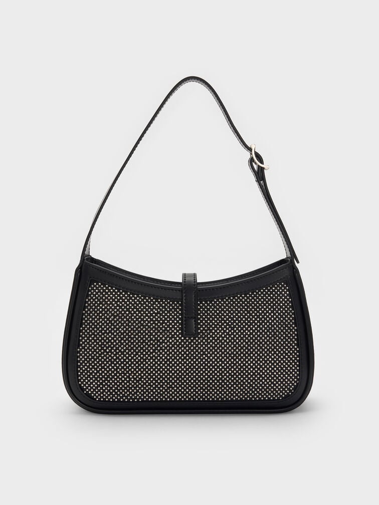 Cesia Satin Crystal-Embellished Metallic-Accent Shoulder Bag, Lustrous Noir, hi-res