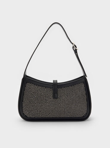 Cesia Satin Crystal-Embellished Metallic-Accent Shoulder Bag, Lustrous Noir, hi-res