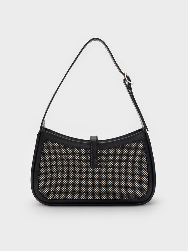 Cesia Satin Crystal Metallic-Accent Shoulder Bag, Lustrous Noir, hi-res