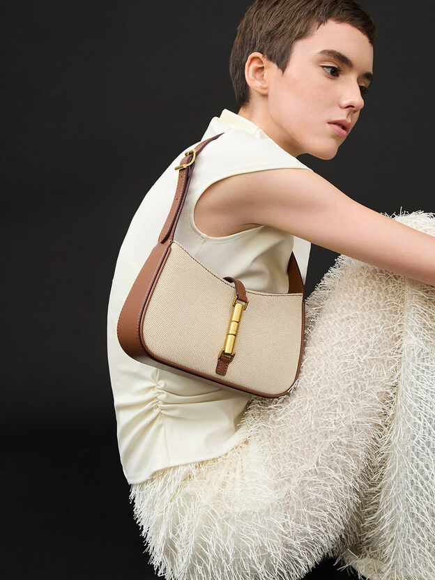 Cesia Canvas Metallic-Accent Shoulder Bag, Chocolate, hi-res