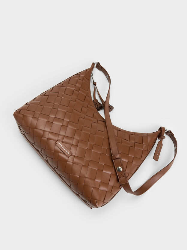 Ivette Woven Tassel Hobo Bag, Chocolate, hi-res