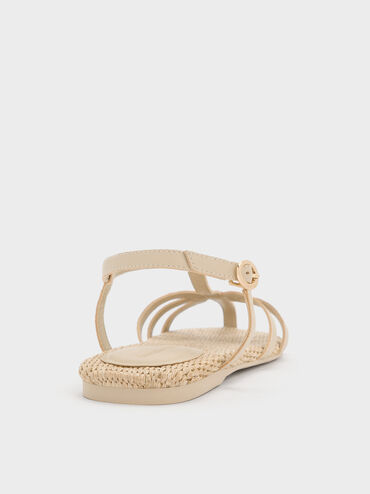 Strappy Raffia T-Bar Ankle-Strap Sandals, Taupe, hi-res