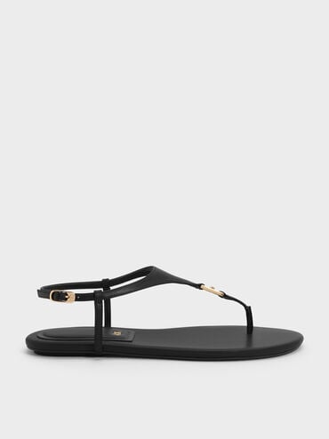 Leather T-Bar Thong Sandals, Black, hi-res