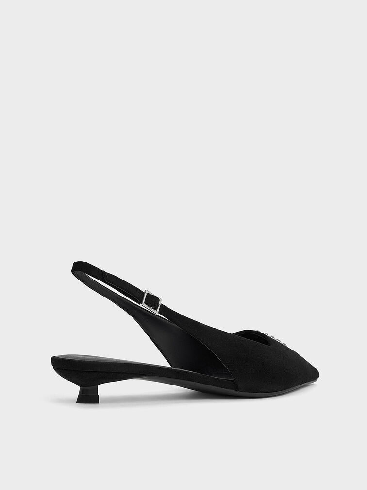 Faux Suede Crystal-Embellished Slingback Pumps, Black Textured, hi-res