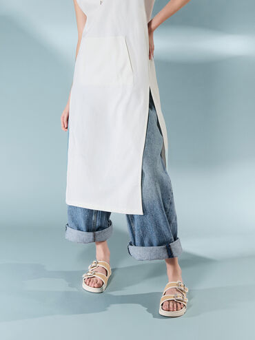 Raffia Gem-Buckle Double-Strap Sandals, Sand, hi-res