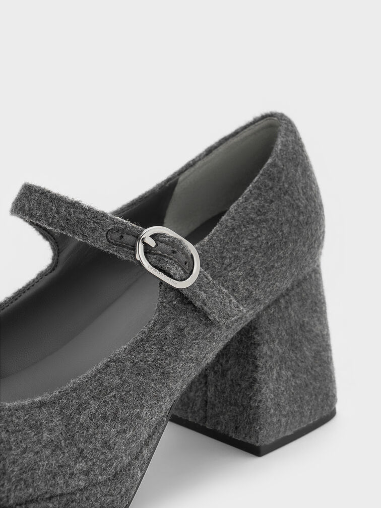 Felt Platform Block-Heel Mary Jane Pumps, Grey, hi-res