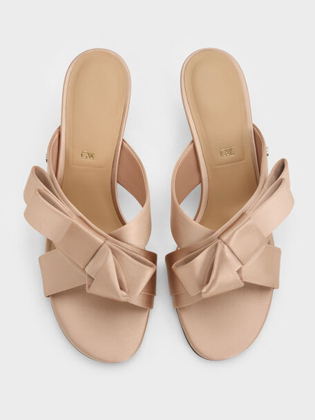 Pleated-Bow Heeled Mules, Nude, hi-res