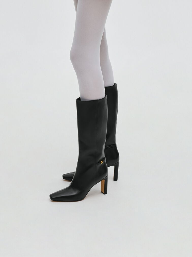 Georgina Leather Tapered Square-Toe Blade-Heel Knee-High Boots, Black, hi-res