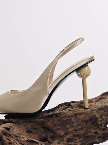 Satin Crystal-Embellished Ball-Heel Pointed-Toe Slingback Pumps, Gold, hi-res