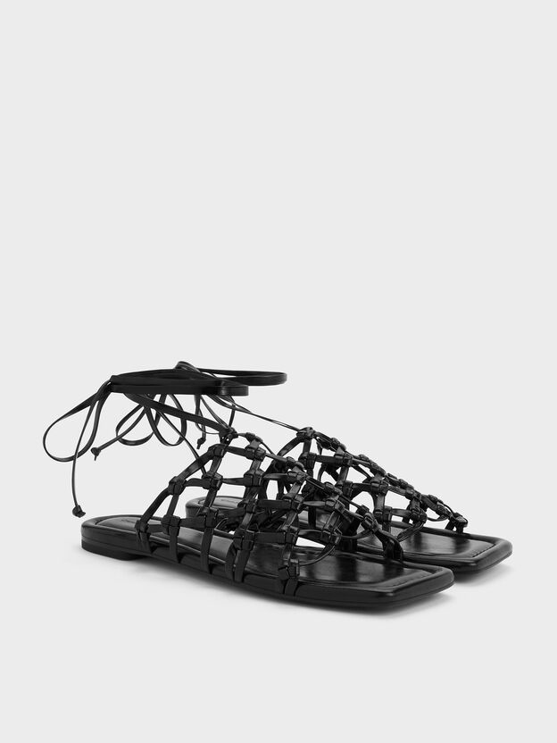Woven Tie-Around Net Sandals, Black, hi-res