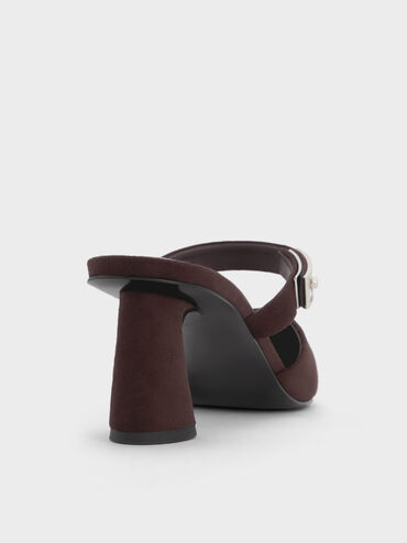 Lando Faux Suede Pointed-Toe Metallic-Buckle Heeled Mules, Dark Brown Textured, hi-res