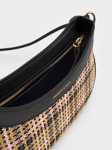 Sabine Tartan Knotted-Strap Curved Shoulder Bag, Tartan Straw, hi-res