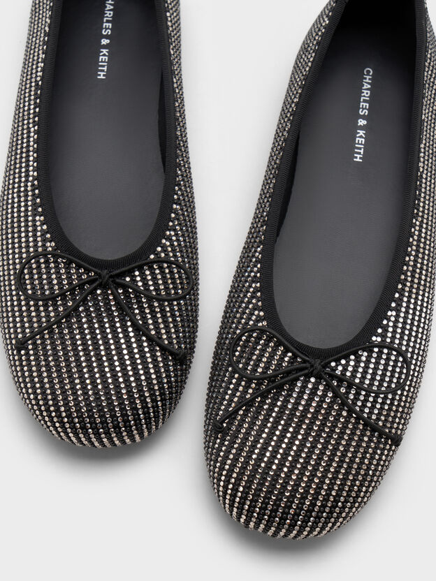 Satin Crystal Bow Ballet Flats, Black Textured, hi-res