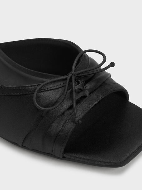 Sadira Satin Ruched Bow Heeled Mules, Black Textured, hi-res