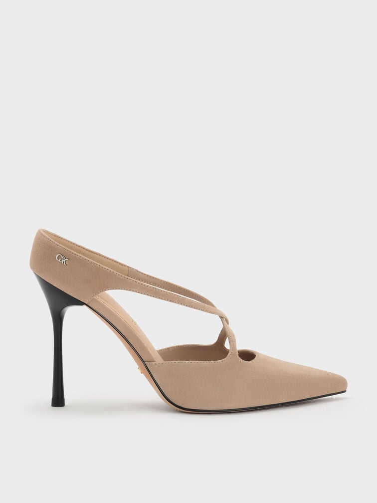 Kyra Suede Crossover-Strap Stiletto-Heel Mules, Taupe, hi-res