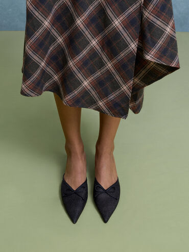 Glittered Mesh Bow Kitten Heels, Black Textured, hi-res