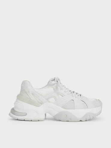 Mesh Contrast-Trim Chunky Sneakers, White, hi-res