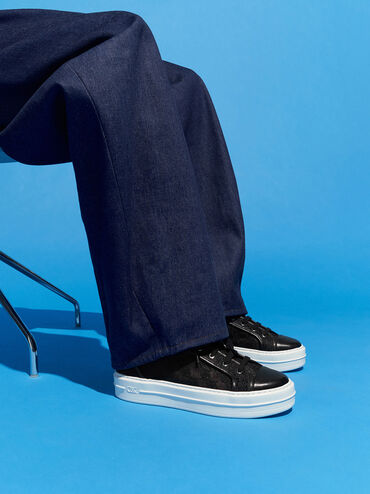 Mesh Flatform Sneakers, Black Textured, hi-res