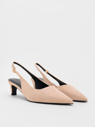 Faux Suede Pointed-Toe Kitten-Heel Slingback Pumps, Nude, hi-res