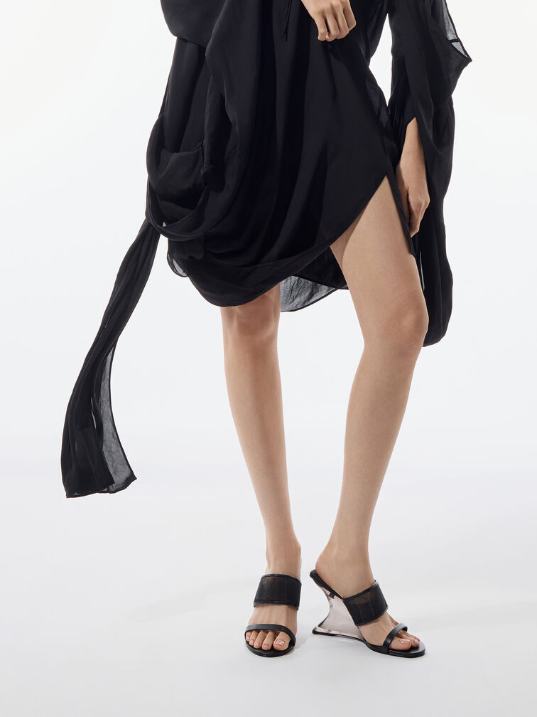 Mesh Sculptural-Heel Wedges, Black Textured, hi-res