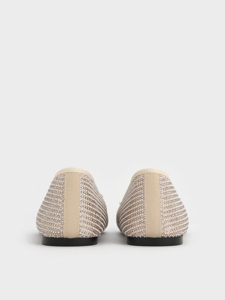 Satin Crystal-Pearl Bow Ballet Flats, Gold, hi-res