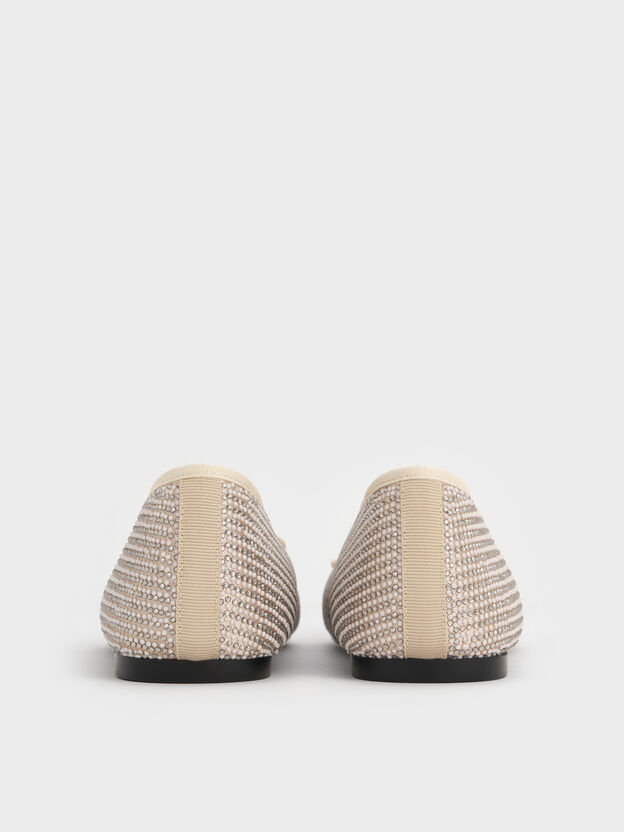 Satin Crystal-Pearl Bow Ballet Flats, Gold, hi-res