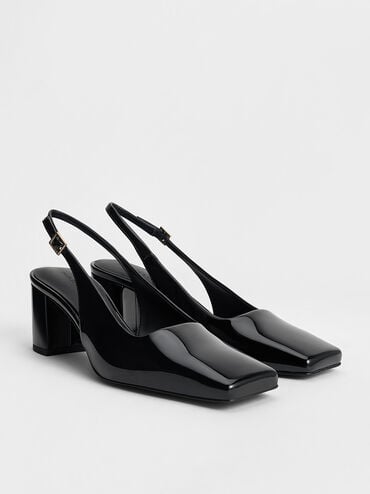 Patent Square-Toe Slingback Pumps, Black Patent, hi-res
