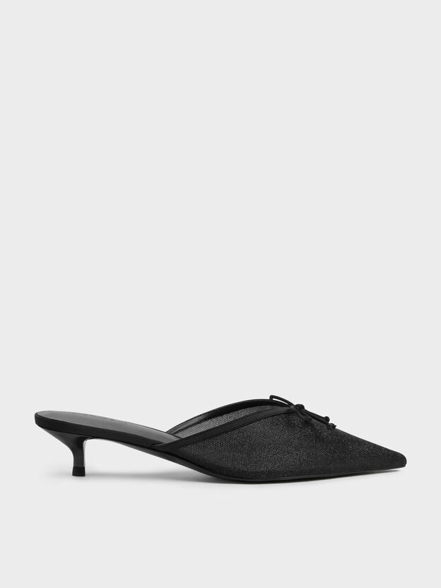 Glittered Mesh Bow Kitten Heels, Black Textured, hi-res