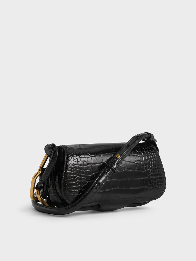 Mini Kora Croc-Effect Metallic-Accent Elongated Bag, Black, hi-res