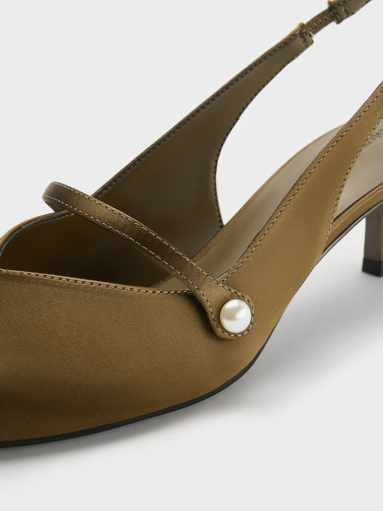 Helena Satin Pearl Slingback Kitten Heels, Olive, hi-res