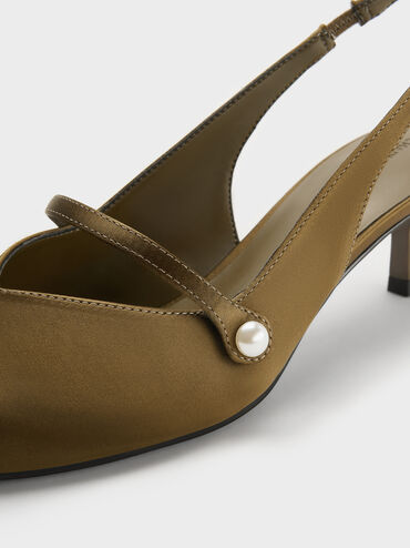 Helena Satin Pearl Slingback Kitten Heels, Olive, hi-res
