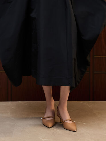 Helena Patent Pearl-Buckle Slingback Kitten Heels, Caramel, hi-res