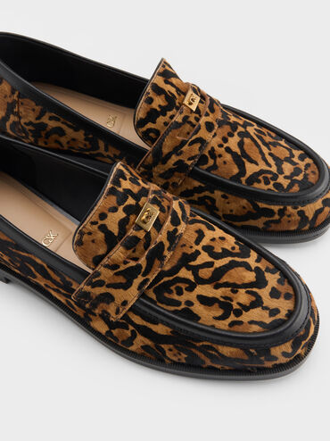 Georgina Calf Hair Leopard-Print Metallic-Accent Penny Loafers, Animal Print Brown, hi-res