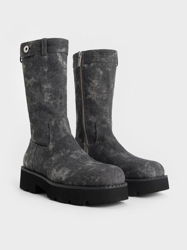 Denim Side-Zip Lug-Sole Calf Boots, Dark Grey, hi-res