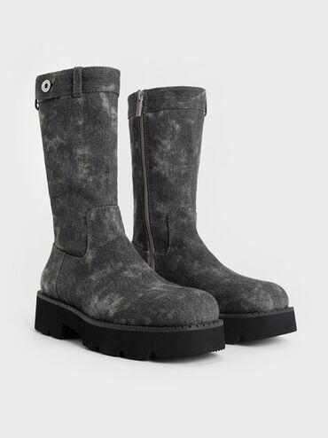 Denim Side-Zip Lug-Sole Calf Boots, Dark Grey, hi-res