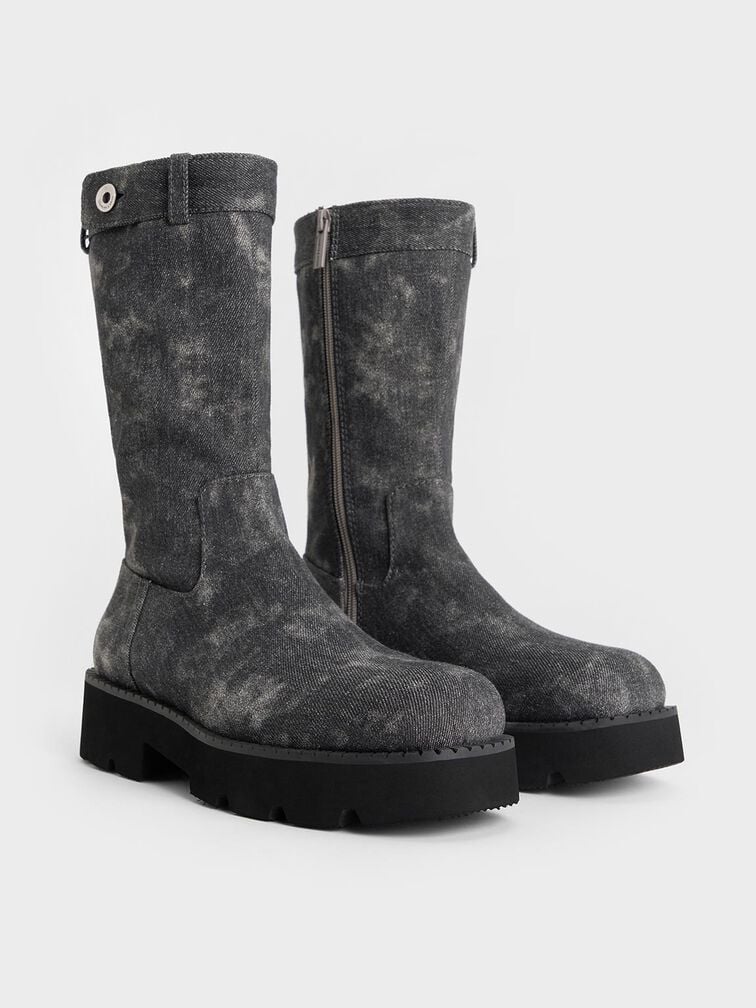 Denim Side-Zip Lug-Sole Calf Boots, Dark Grey, hi-res