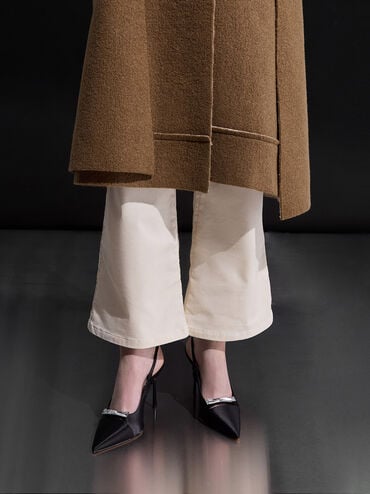 Recycled Polyester Bow Slingback Pumps, Black Textured, hi-res