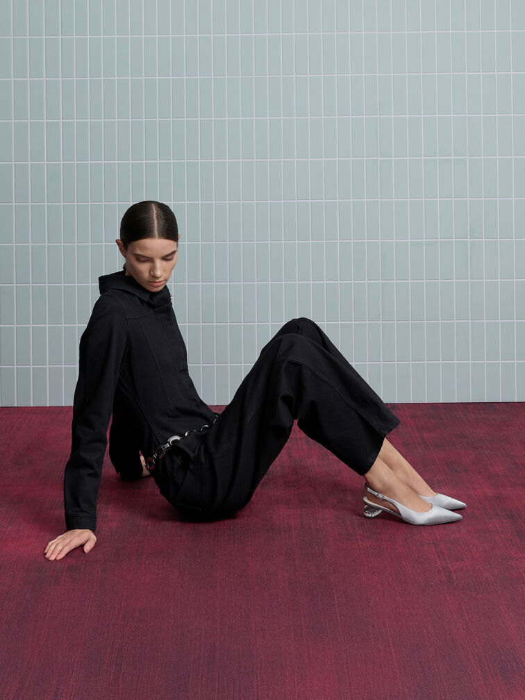 Satin Pointed-Toe Crystal-Heel Slingback Pumps, Silver, hi-res