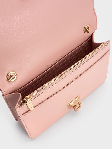 Alessia Checkered Pearl-Embellished Wallet on Chain, Light Pink, hi-res