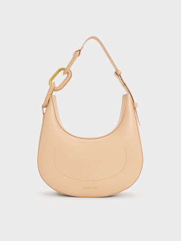 Kora Metallic-Accent Moon Bag, Beige, hi-res