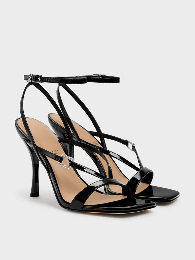 Patent Leather Crystal-Buckle Ankle-Strap Heels, Black Patent, hi-res