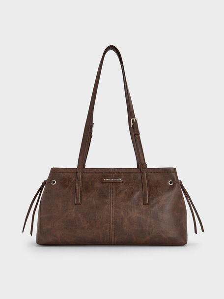 Noane Elongated-Handle Shoulder Bag, Distressed Coffee, hi-res