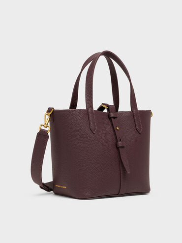 Beryl Recycled Leather Double-Handle Belted Bucket Bag, Wineberry Red, hi-res